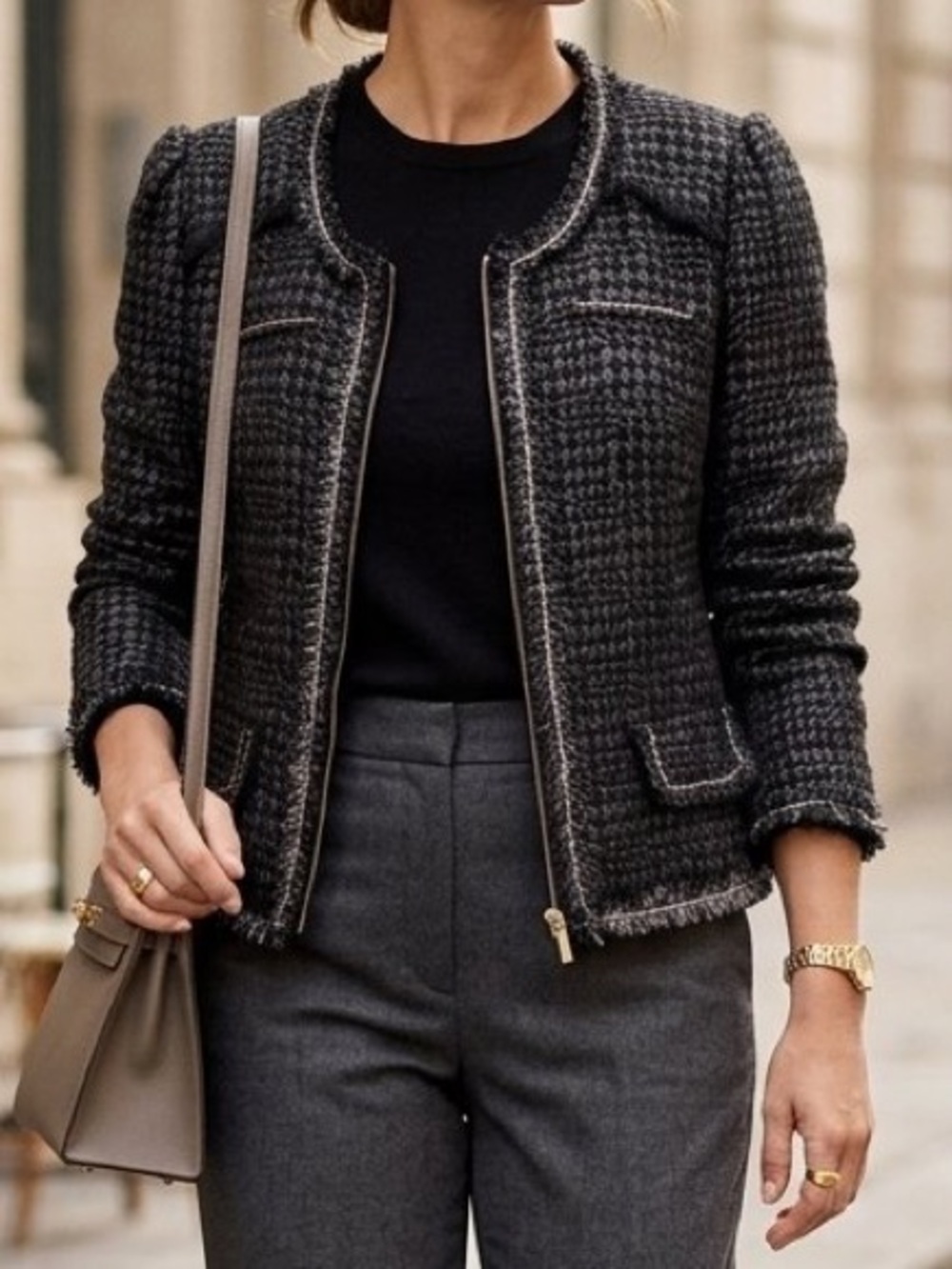 Apt 9 Black Metallic Silver Tweed Houndstooth Zip Front Blazer Jacket